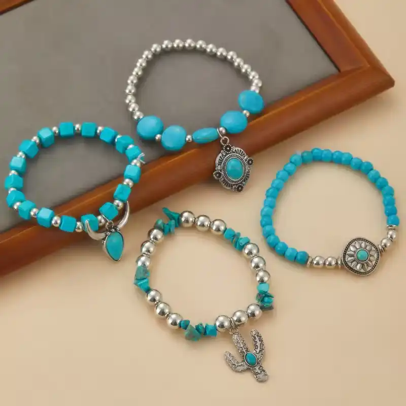 4-piece/set Bohemian Bead Irregular Pendant Bracelet, Women's Retro Ethnic Style Holiday Accessory Gift