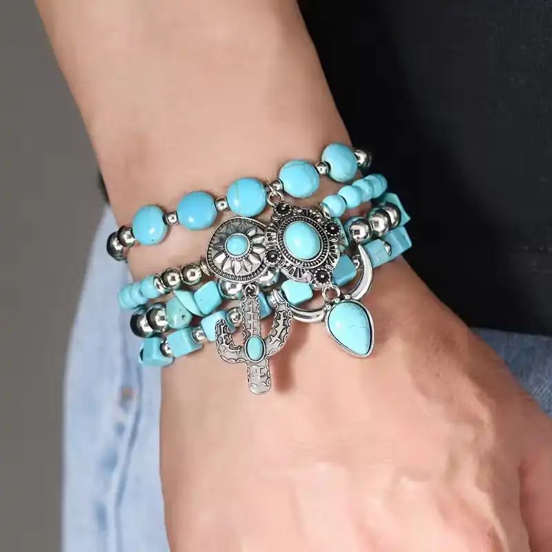 Bohemian Style Bead Bracelet with Cow's Head Geometric Inlay Imitation Turquoise Fashion Combination